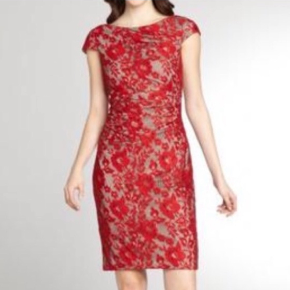KAY UNGER RED FLORAL LACE ILLUSION RUCHED COCKTAIL DRESS SIZE 10